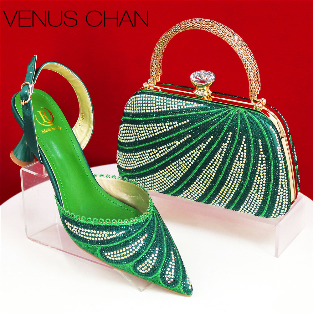 Women Bags Green - Сверкающие зеленые туфли-лодочки со стразами на