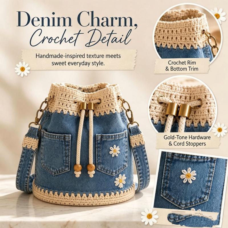 Джинсовая вязаная сумка-ведро  – обзор и цена Crochet Market Bag