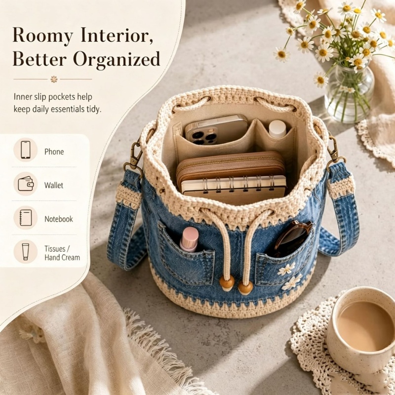 Джинсовая вязаная сумка-ведро  – обзор и цена Crochet Market Bag